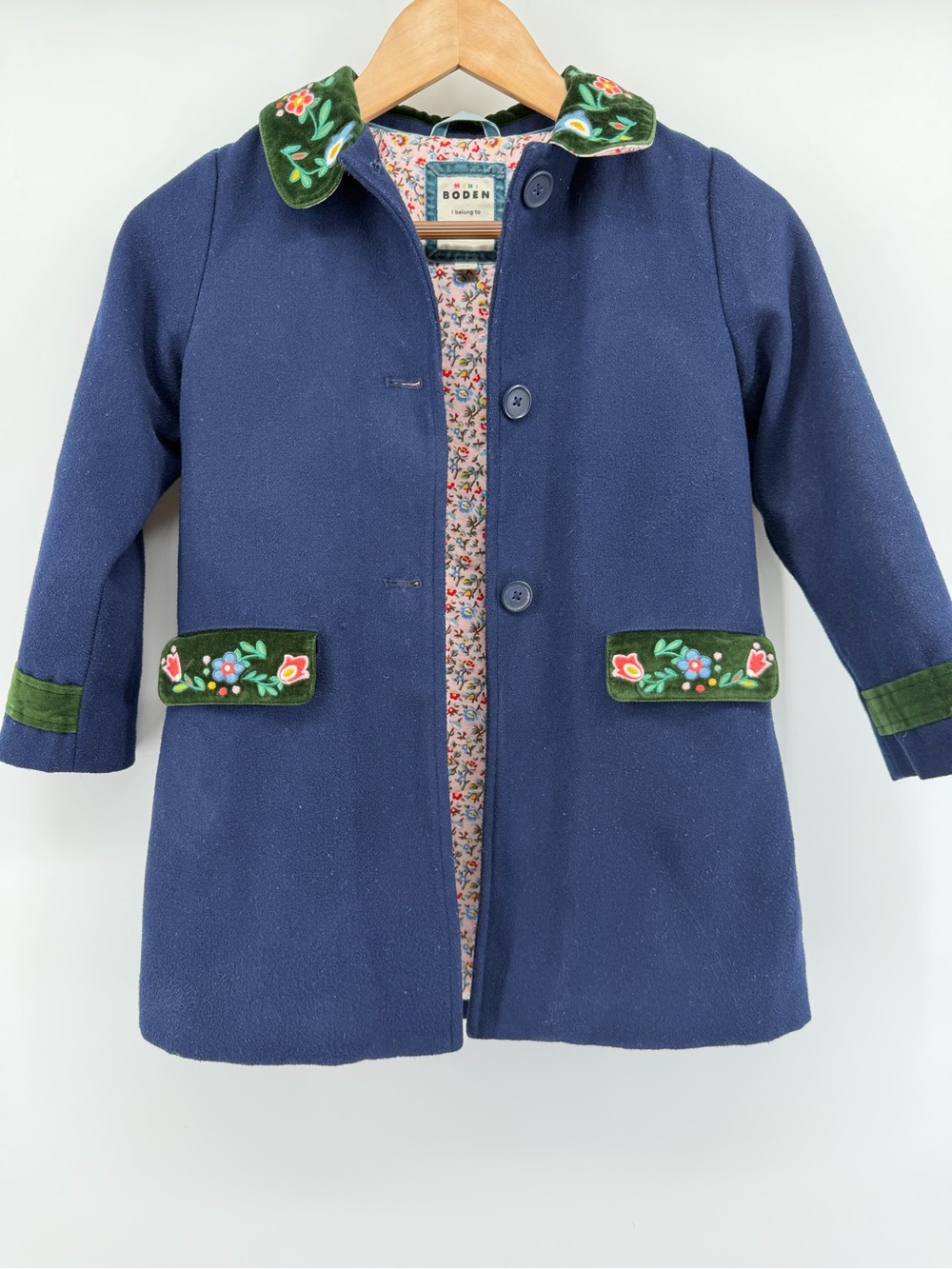 Mini Boden Navy Pea Coat with Green Embroidered Trim